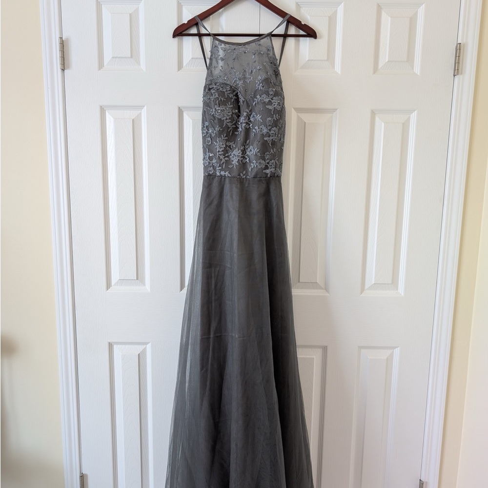 Size L/XL Beaded Grey Silver Cross-Back Mesh Boat Neck Formal Prom Dress Gown - Picture 3 of 15